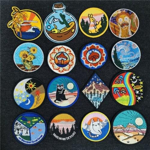 Prajna Van Gogh Parches Sew on or Iron on Badges Landscape Embroidered Patch Camping lroning Stickers Custom Applique