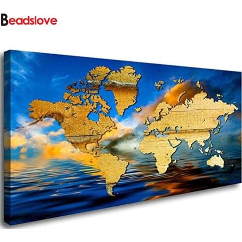Blue Golden world map full square diamond painting sale round diamond embroidery Europe office decor start business gift
