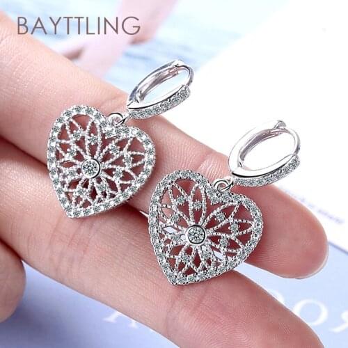 BAYTTLING 925 Sterling Silver 28MM Gold/Silver Fine Hollow Heart Zircon Drop Earrings For Woman Fashion Glamour Wedding Jewelry