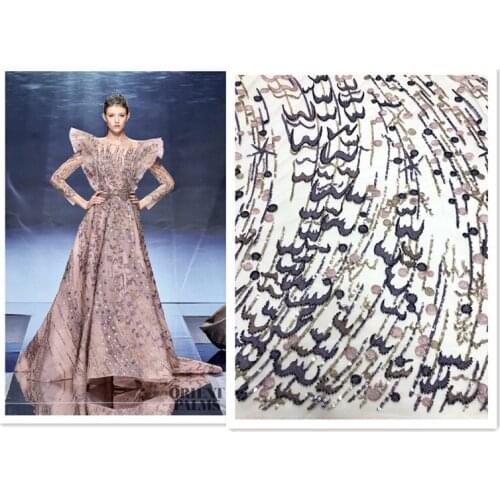 High quality african tulle lace fabric with beads and sequins french lace 4JRB-206602 embroidered lace fabric for fashion show