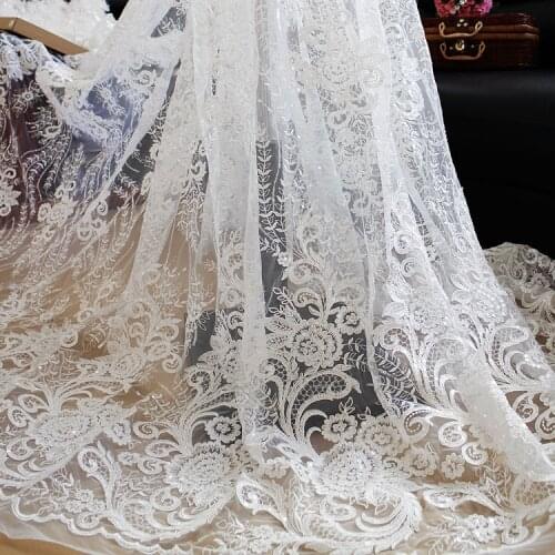 High-end Elegant Wedding Dress Lace Fabric Sequins Mesh Flower Embroidered Lace Fabric DIY Material Width 135cm 1yard