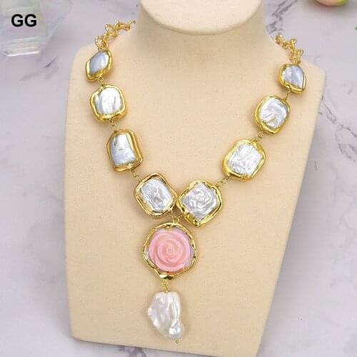 GuaiGuai Jewelry Cultured White keshi Pearl Necklace gold plated Pink Queen Conch Flower Pearl pendant necklace for women 19"