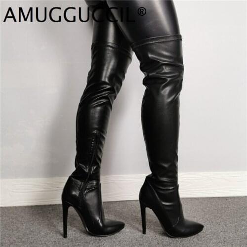 2021 New Plus Big Size 35-47 Black Zip Stretch Fashion Sexy Thigh High Over The Knee Autumn Winter Female Lady Women Boot X2034