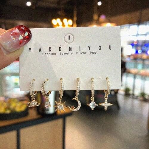 New Korean Style Inlaid With Shining Crystal Stars and Moon Earrings Universe Planet 6Pcs/Set Romantic Women Exquisite Jewelry