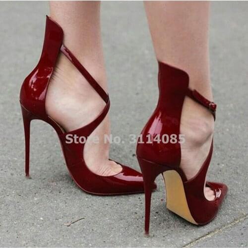 Women Spring Fall Gorgeous Wine Red Patent Leather Pointed Toe Heels Cross Strap Dress Shoes Burgundy Wedding Shoes Dropship