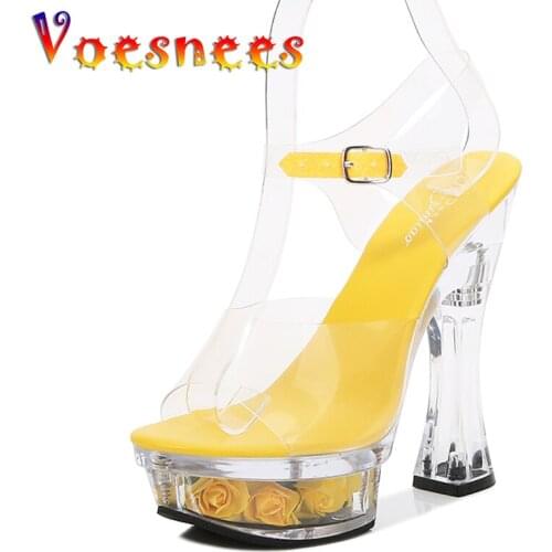 Voesnees 2021 Sexy 14.5cm High Heel Women Shoes Rose Flower Square-Heel Platform Sandals Transparent Crystal Shoes Wedding Shoes