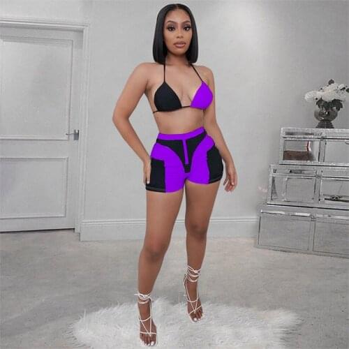 TNNAOFF Sexy Patchwork Two Piece Swimsuit Women Set Sling Breast Wrap Fashion Biker Shorts Summer Beachwear Club Matching Sets