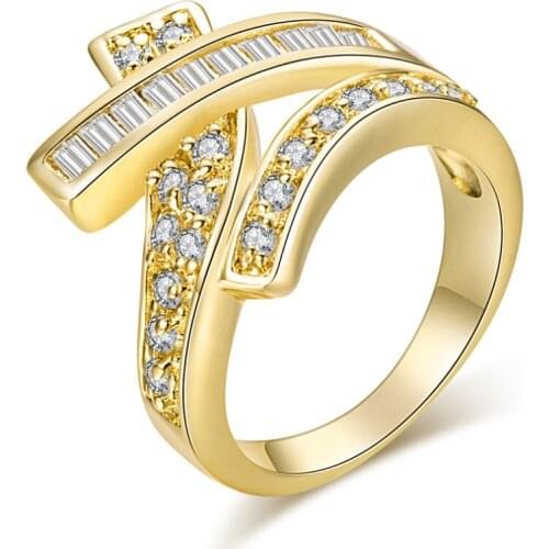 2019 Women Gold Crystal Ring Bridal Wedding Micro Pave Zircon Gold-Color Rings Elegant Fashion Geometric Jewelry