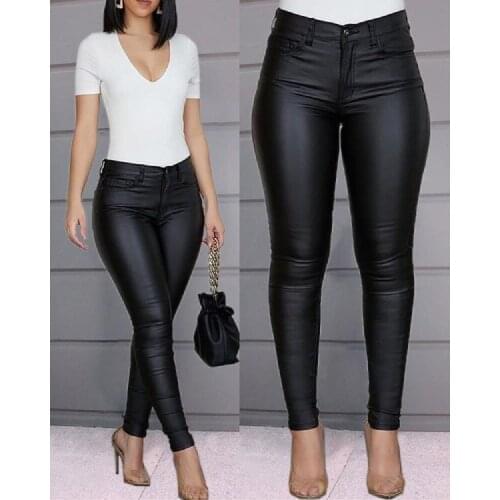 2021 Fashion Autumn and Winter Solid Color PU Leather Pants Casual Black Sexy Skinny Pants Womens Trousers