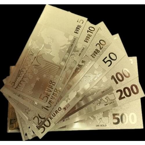 7pcs/set latest bills gold foil plated 5 10 20 50 100 200 500 Euros Bill Banknotes Fake Money for collection