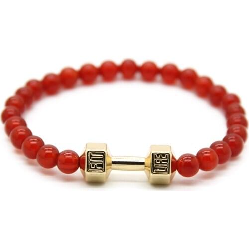 Ailatu GYM Energy Barbell Jewelry, 6mm Red Color Stone Beads and Alloy Metal Fitness Dumbbell Bracelet