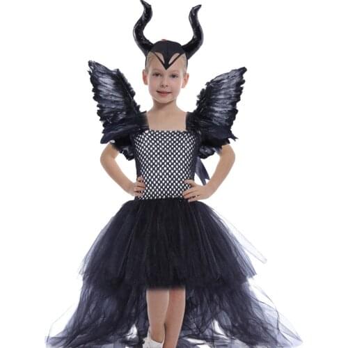 Black Maleficent Halloween Costumes For Kids Happy Purim Birthday Party Girl Tutu Dress Devil Cosplay Long Dresses Headwear Wing