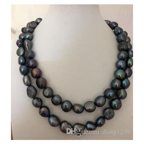 Double strands 11-12mm tahitian black baroque green pearl necklace 18 "19