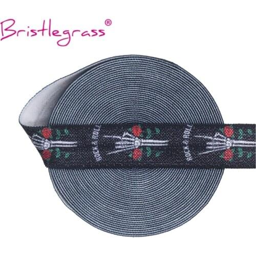 BRISTLEGRASS 2 5 Yard 5/8" 15mm Rose Rock Skull Print FOE Fold Over Elastic Spandex Satin Band Hair Tie Headband DIY Sewing Trim