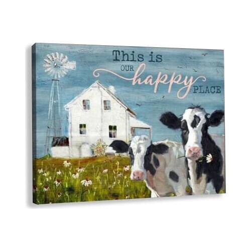 This Is Our Happy Inspiration Motivation Canvas Animal Cattle Cow Farmhouse Painting Wall Art Bedroom Decor Living Room Posters