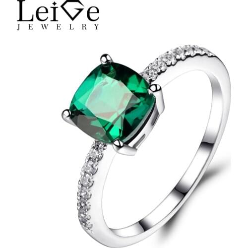 Leige Jewelry Emerald Ring Sterling Silver 925 Jewelry Wedding Engagement Gemstone Rings for Women Anniversary Gift Cushion Cut