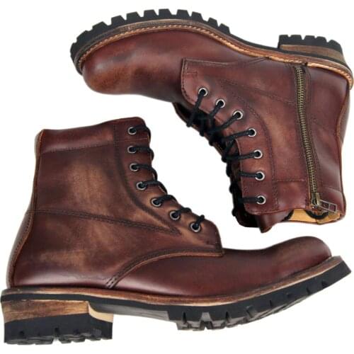 OTTO Polished Hot Sell Genuine Cow Leather Flat Ankle Boot Punk Combat Mens Western Union Cowboy Boot Motorcycle Rock Boots