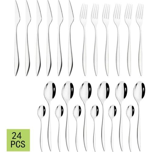 Silver 24pcs/6pcs Vintage Mirror Cutlery Set 18/10 Stainless Steel Dinnerware Set Forks Spoons Knives Tableware Silverware Set