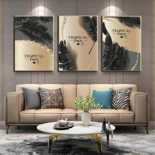 Nordic Black Golden Tropical Leaves Picture Wall Poster Modern Abstract Canvas Print Painting Art Living Room Home Decor Cuadros