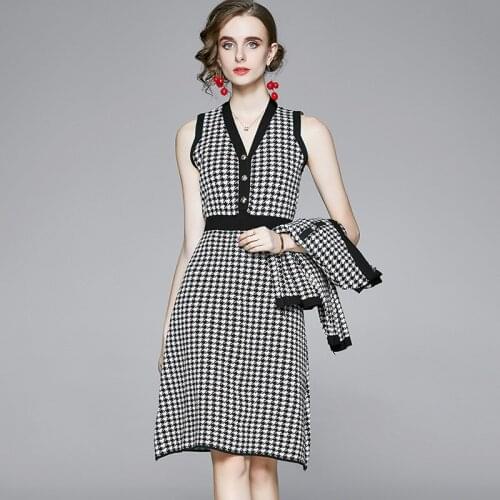 New Knitted Dress Suits Women Autumn 2021 Elegant Fashion V-Neck Sleeveless Dress Knit Cardigan Sweater Two-pieces Sets