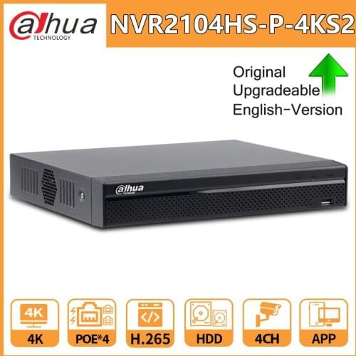 Dahua NVR Original 4CH NVR2104HS-P-4KS2 4 PoE Lite 4K H.265 Network Video Recorder with 1SATA 2USB Interface for IP Camera CCTV