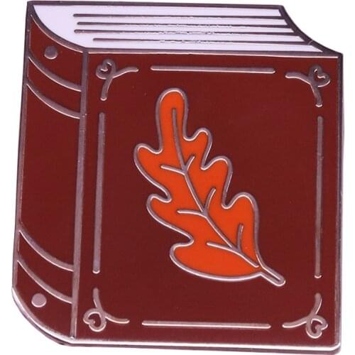 Fall into books hard enamel pin chocolate brown autumn leaves brooch literary badge bookish reader gift