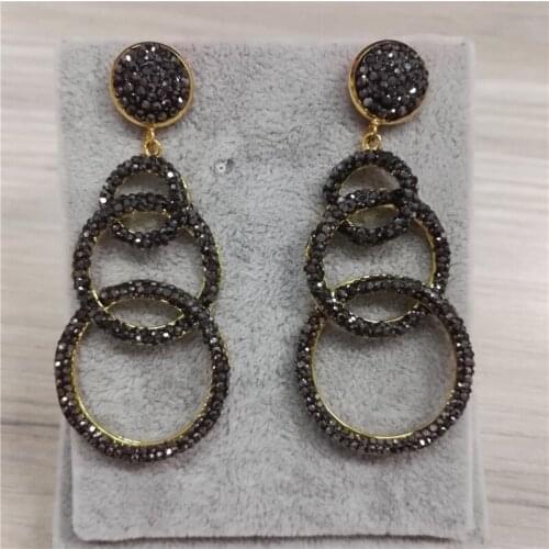 Daily Jewelry Hollow Gold Color Triple Layers Round Pendants Charms Pave Black Rhinestone Women Dangle Earring For Dainty Gift