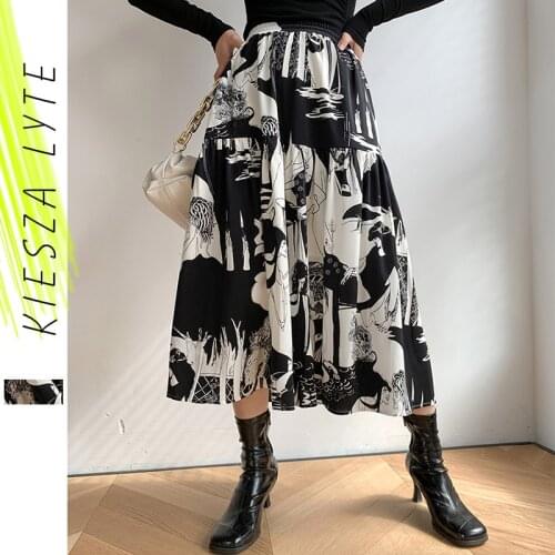 Women Elastic Waist Midi Skirt Elegant Print High Waist Abstract Big Hem Office Lady 2021 Spring Summer Sexy Skirt Ladies