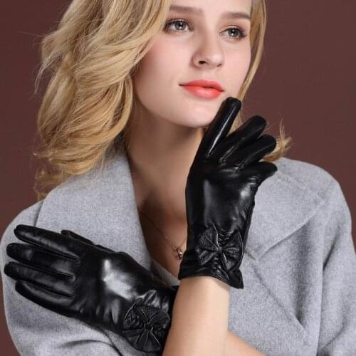 Ladies Cute Bow Genuine Leather Gloves Women Plus Velvet Winter Warm Touch-Screen Goat Leather Gloves Driving Gloves GR-60032-5