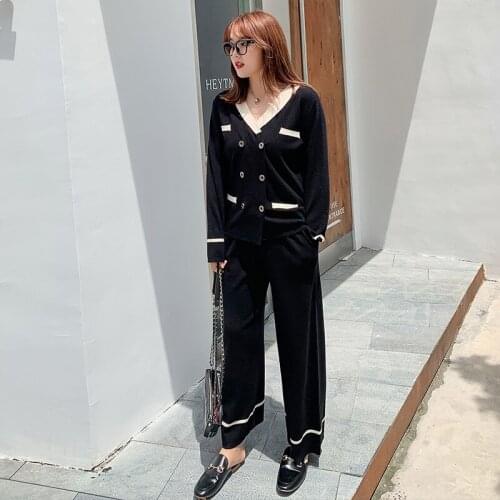 2019 Spring Fashion Knitted Plus Size Two Piece Sets WomenS Elegant Outfits Double-Breasted Coat Tops + Loose Pants Sets AA5084
