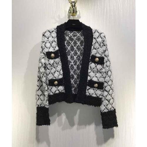 Women Knitted Coat Cardigan V-Neck Pockets Argyle Golden Button Short Knitted Sweater Fashion Cadigan 2021 Femme