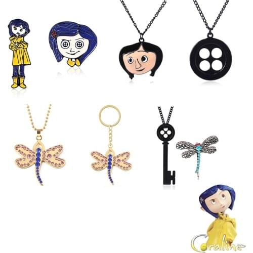 RJ 20Pcs Wholesale Anime Coraline Necklace dragonfly Pendants Black Button Key Skull Halloween Choker Cosplay Jewelry Fans Gift