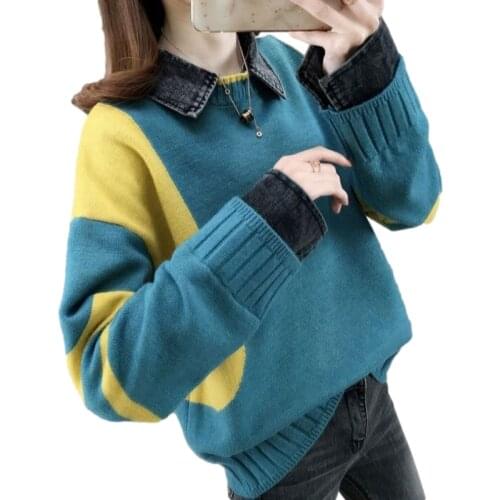 2021 Fashion Fake Two Pieces With Denim Long Sleeve Loose Sweaters Color Matching Korean Style Shirt Collar Womens Clothing Top
