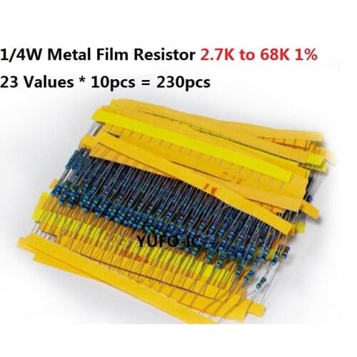 23values*10PCS=230PCS 2.7K ohm-68K ohms 1/4W 1% Metal Fillm Resistor kit set Assorted 4.7k 5.1k 5.6k 10k 20k 47k Assortment pack