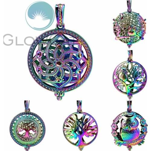 6X Rainbow Aroma Pendant Magnetic Closure Locket Essential Oil Diffuser Owl Tree Dream Catcher DIY Locket Cage