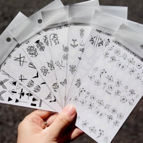 7pcs/8pcs Black Mandala Flower Nail Stickers Tropical Leaf Nail Art 3D Sticker Butterfly Rose Adhesive Decals Damask Sticker