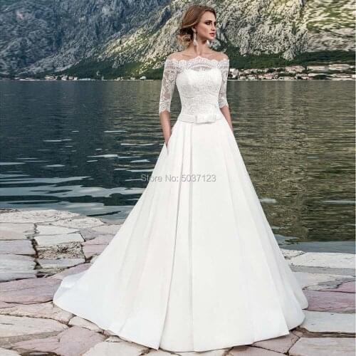Satin Off the Shoulder Wedding Dresses Half Sleeves Bridal Gowns Lace Appliques Button Illusion Sweep Train Vestido De Noiva