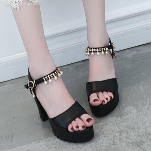 Women Pearls Sandals String Bead White Wedding Shoes Black Peep Toe High Heels Platform Shoes Ankle Strap sandalias mujer 8900G