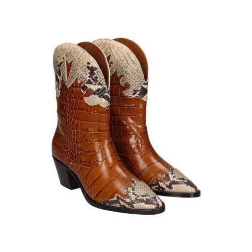 Snake Skin Leather Boots Women Pointed Toe Thick Square Mid Heel Ankle Boots Slip On Western Boots Cowboy Boots Women 2021 New