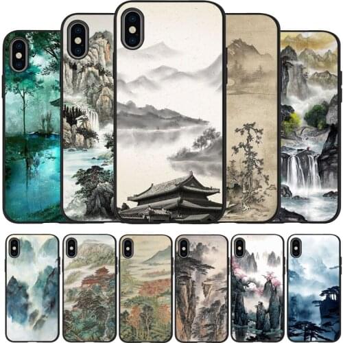 Chinese Landscape Painting black Silicone Phone Case For iPhone 12 XR XS Max 5 5S SE 2020 6 6S PLUS 7 8 X 11Pro Max 11 Cover