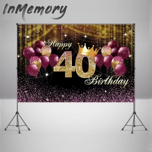 Customize Black and Gold 40th Birthday Party Background Photography Props Burgundy Crown Glitter Photo Backdrop