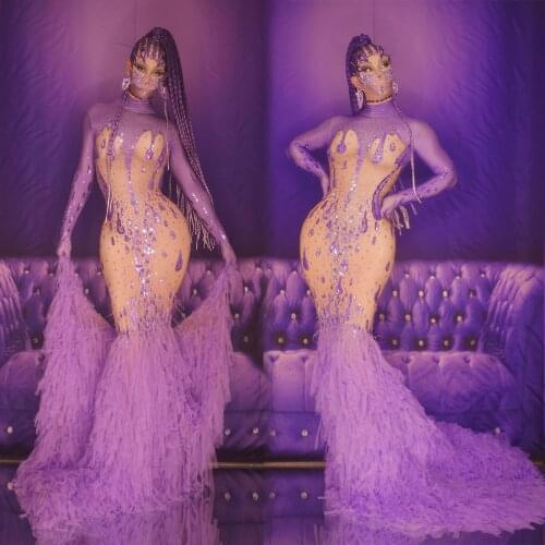 Nightclub Bar Catwalk Long Dress Stage Costume Sexy Rhinestone Purple Tailing Evening Dress Show Performance Costumes DN8744