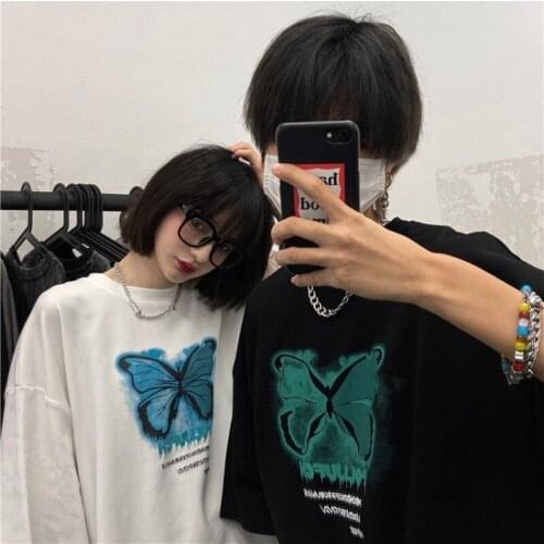 Maxxo Korea Emo Japanese couple T-shirt butterfly high street hip hop Grungr Clothes bottomed Punk Tee 90s Y2k Urban Top2021