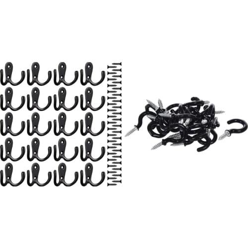 Hot XD-25 Pcs Cup Mug Hooks Shouldered Metal Screw-In Plastic Coated Hanging Black & 20 Pcs Double Prong Robe Hooks
