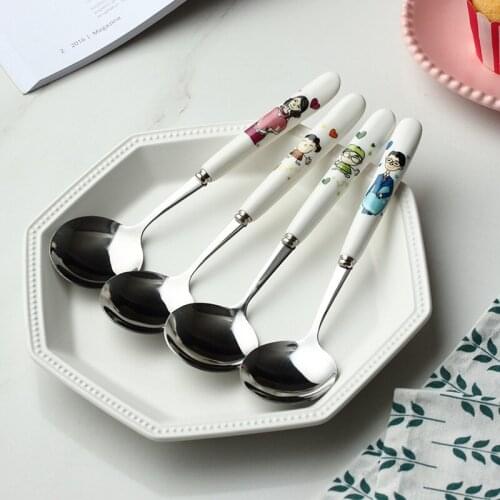 Creative Adult stainless steel spoon cartoon ceramic stainless steel spoon Japanese and Korean style household ceramic spoon