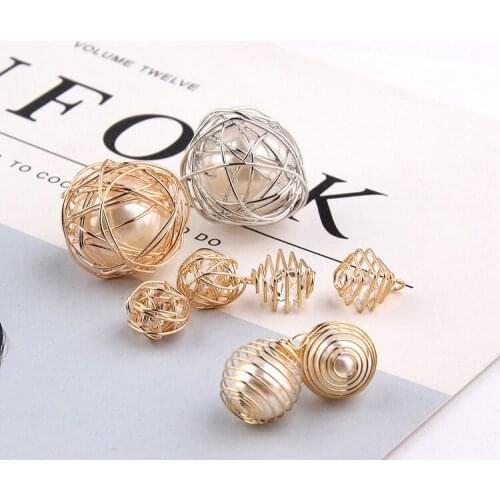 Fashion DIY Accessories KC Gold Creative Wire Ball + Pearl Earrings Pendant Diy Handmade Components for Jewelry Making 2pcs