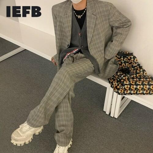 IEFB mens Two piece Plaid suit autumn loose Korean blazers coat + wide stright pants casual fashion sets for male new 9Y4229