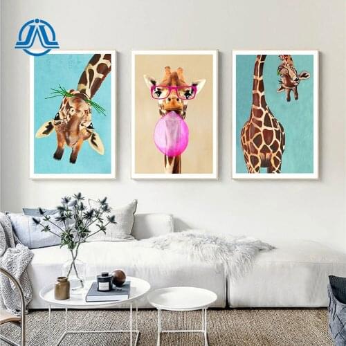 Cartoon Animal Wall Art Giraffe Blowing Bubbles Canvas Painting Nordic Poster And Print Modern Picture For Kids Room Decoration