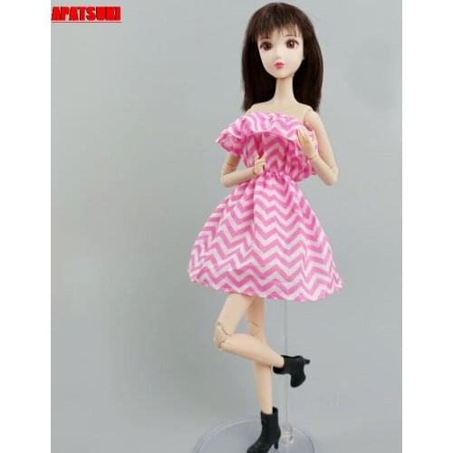 Pink Wave Striped Off Shoulder Dress For Barbie Doll Clothes Party Gown For 1/6 BJD Outfits Dolls Accessories Kids & Baby Toys