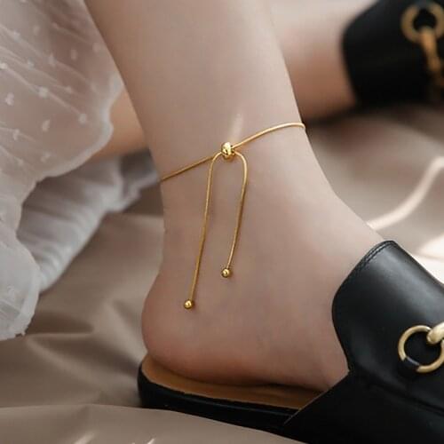 Simple Design Titanium Steel Pull-out Adjustable Ankle Bracelet Gold Snake Chain Foot Chain for Women Girl Beads Jewelry Gift